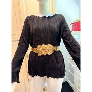 Vintage Gold Tone Metal Leaf Design Wide Waist Belt Bohemian 28 - 33.5" 4" Tall